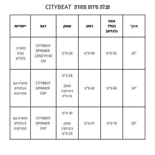 טבלת מידות CITYBEAT